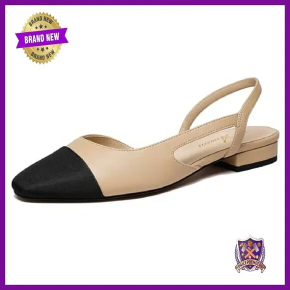 Women's Slingback Flats Square Toe Leather Wedding Pumps Low Heel - Picture 2 of 8